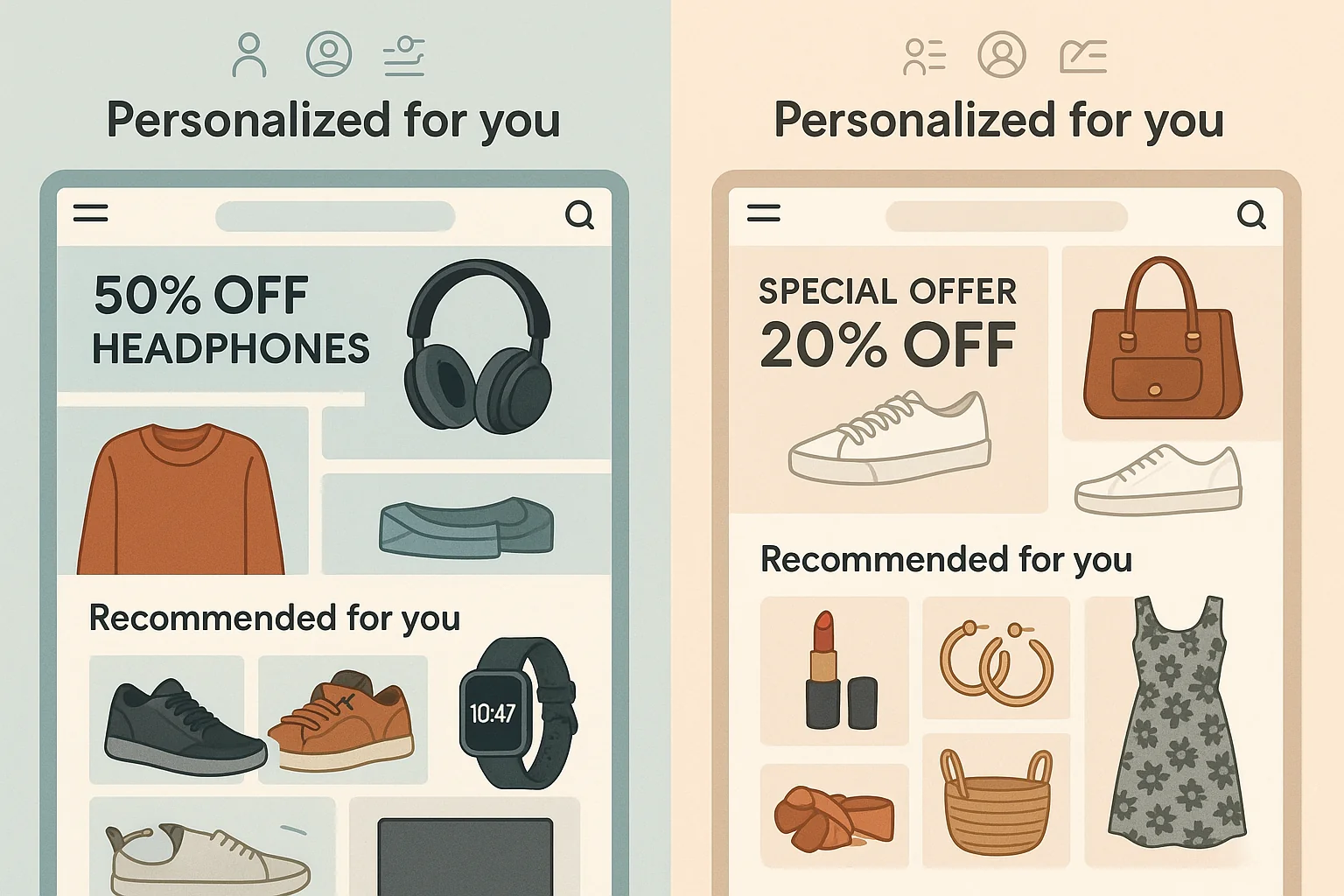 Split-screen showing personalised online shopping experiences for different customers.


