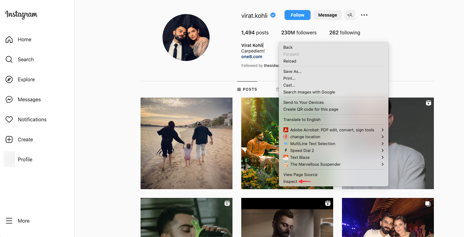 Instagram profile page