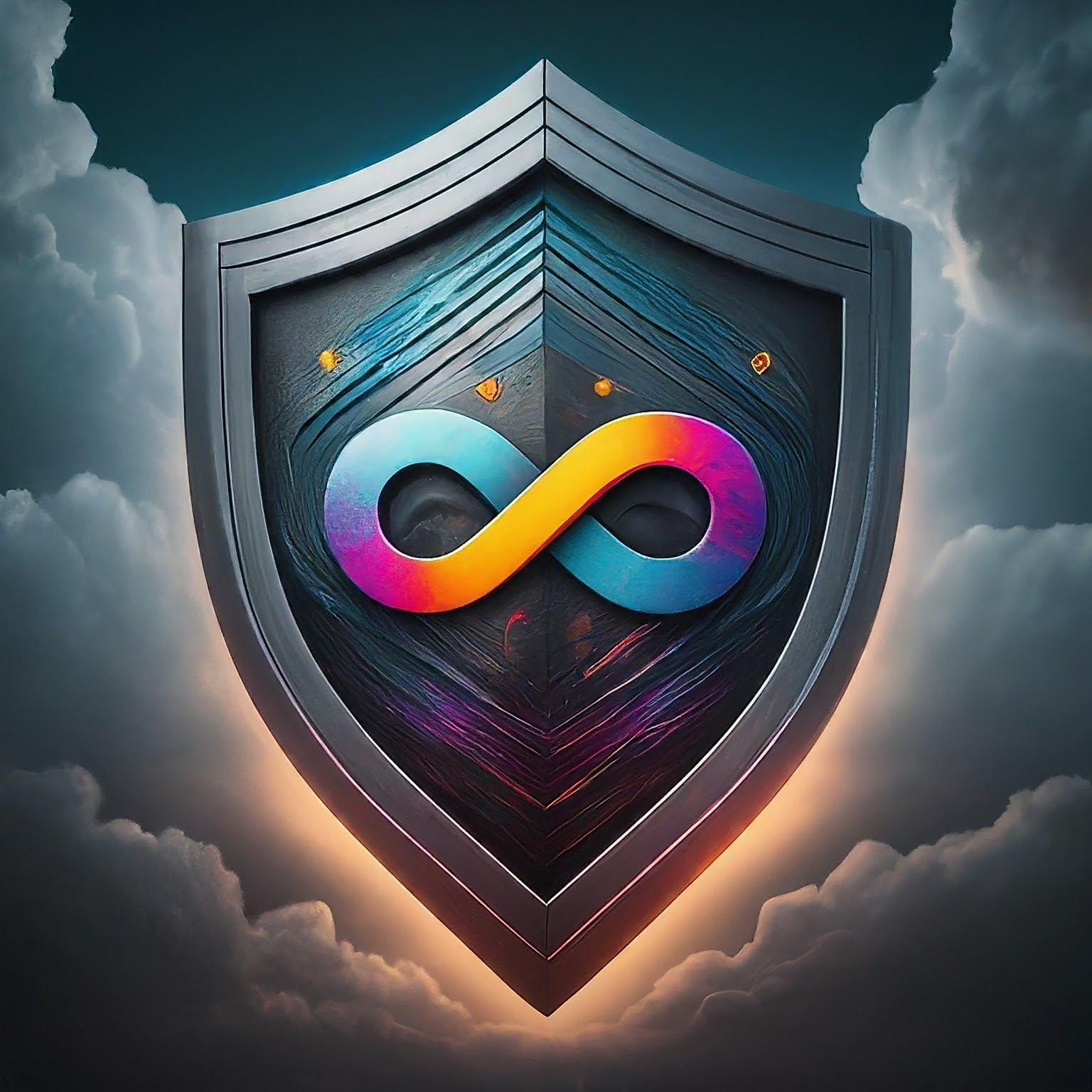 A futuristic DevSecOps symbol. Infinity symbol (continuous development) in secure shield (security) against cloud background (scalability).
