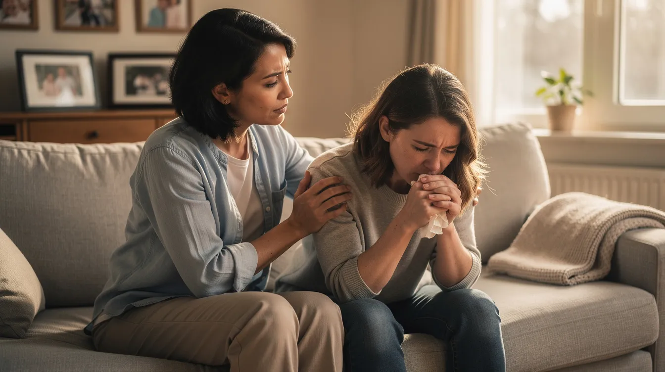 An adult is sitting beside a distressed family member on a couch, offering support and comfort during a moment of emotional distress. This scene highlights the importance of seeking mental health services and the role family members play in encouraging loved ones to access treatment options and cope with mental health conditions.