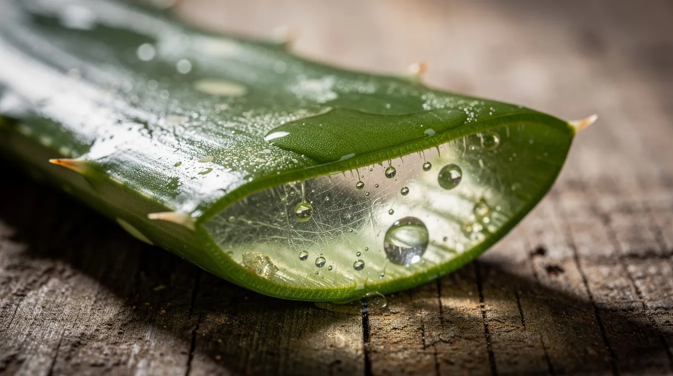 A close-up view of a sliced aloe vera leaf resting on a wooden surface reveals the clear aloe vera gel inside the thick green leaf, showcasing its natural moisture and healing properties. This fresh aloe vera plant is often used in skincare products for its brilliant health benefits, particularly for soothing dry skin and acne-prone skin.