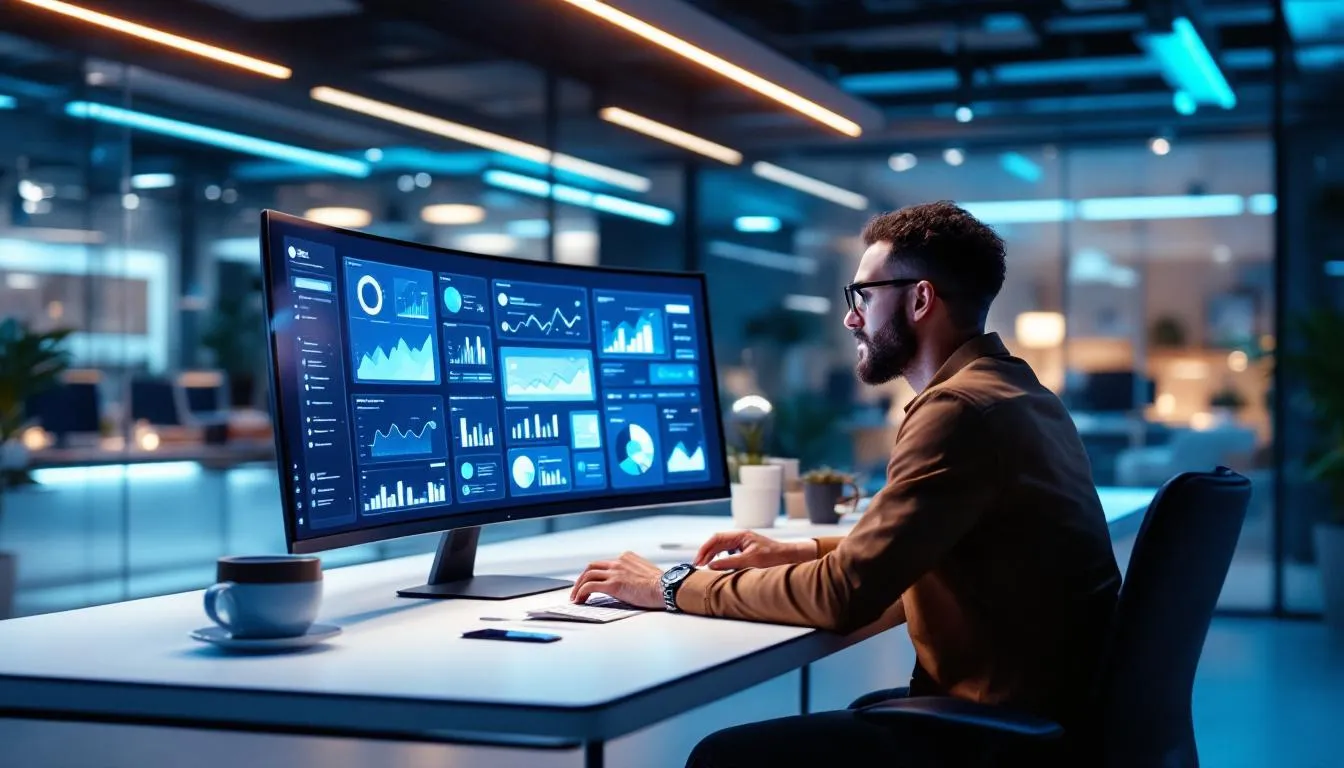 Een persoon die een digital asset audit uitvoert en digitale bestanden op een computer bekijkt.