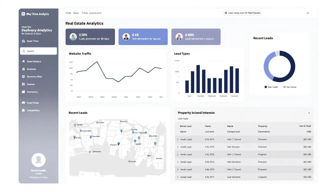 The image displays an analytics dashboard showcasing key metrics for a real estate website, including traffic statistics and lead generation data. This visual representation is essential for real estate agents and businesses to evaluate their digital marketing strategies and optimize their efforts in attracting potential buyers. The image displays an analytics dashboard showcasing key metrics for a real estate website, including traffic statistics and lead generation data. This visual representation is essential for real estate agents and businesses to evaluate their digital marketing strategies and optimize their efforts in attracting potential buyers.