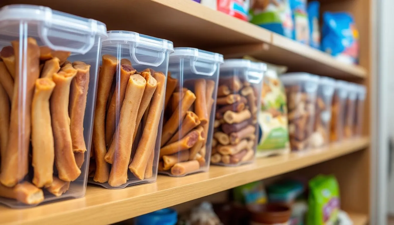 In the image, a well-organized pantry features airtight containers filled with high-quality bully sticks, ensuring they remain fresh and safe for dogs. This proper storage setup helps pet parents maintain healthy treats that promote dental health and provide long-lasting satisfaction for their dogs.