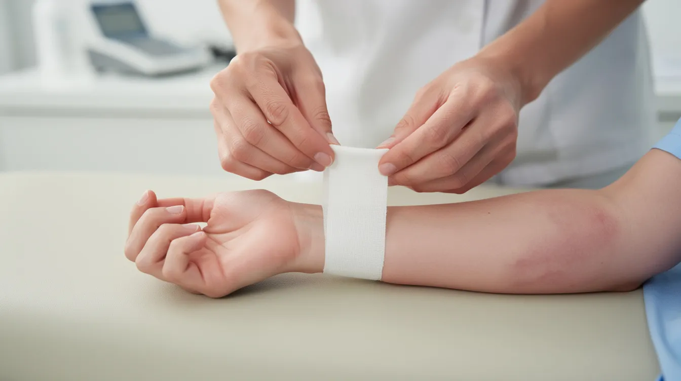 The image shows a medical professional's hands skillfully bandaging a patient's forearm in a clinical setting, highlighting the care required for treating serious dog bite injuries. This close-up emphasizes the importance of medical attention for victims of animal attacks, ensuring they receive the necessary care to recover from their physical and emotional trauma.
