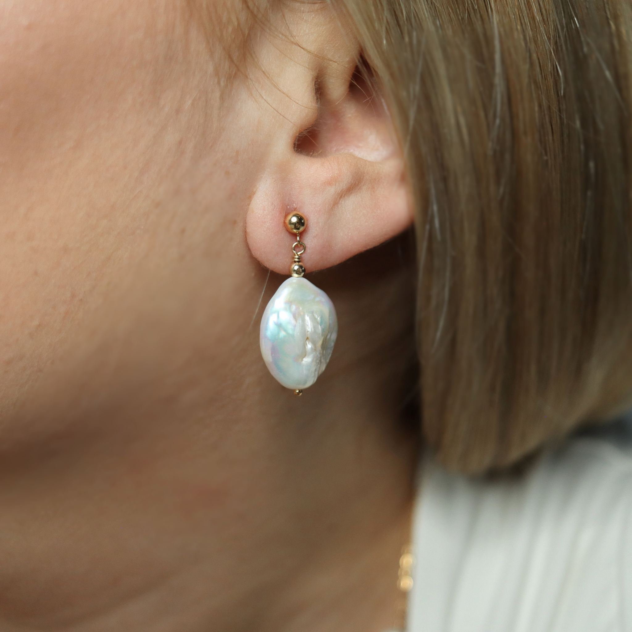 pearl drop earrings with gold studs and baroque pearl