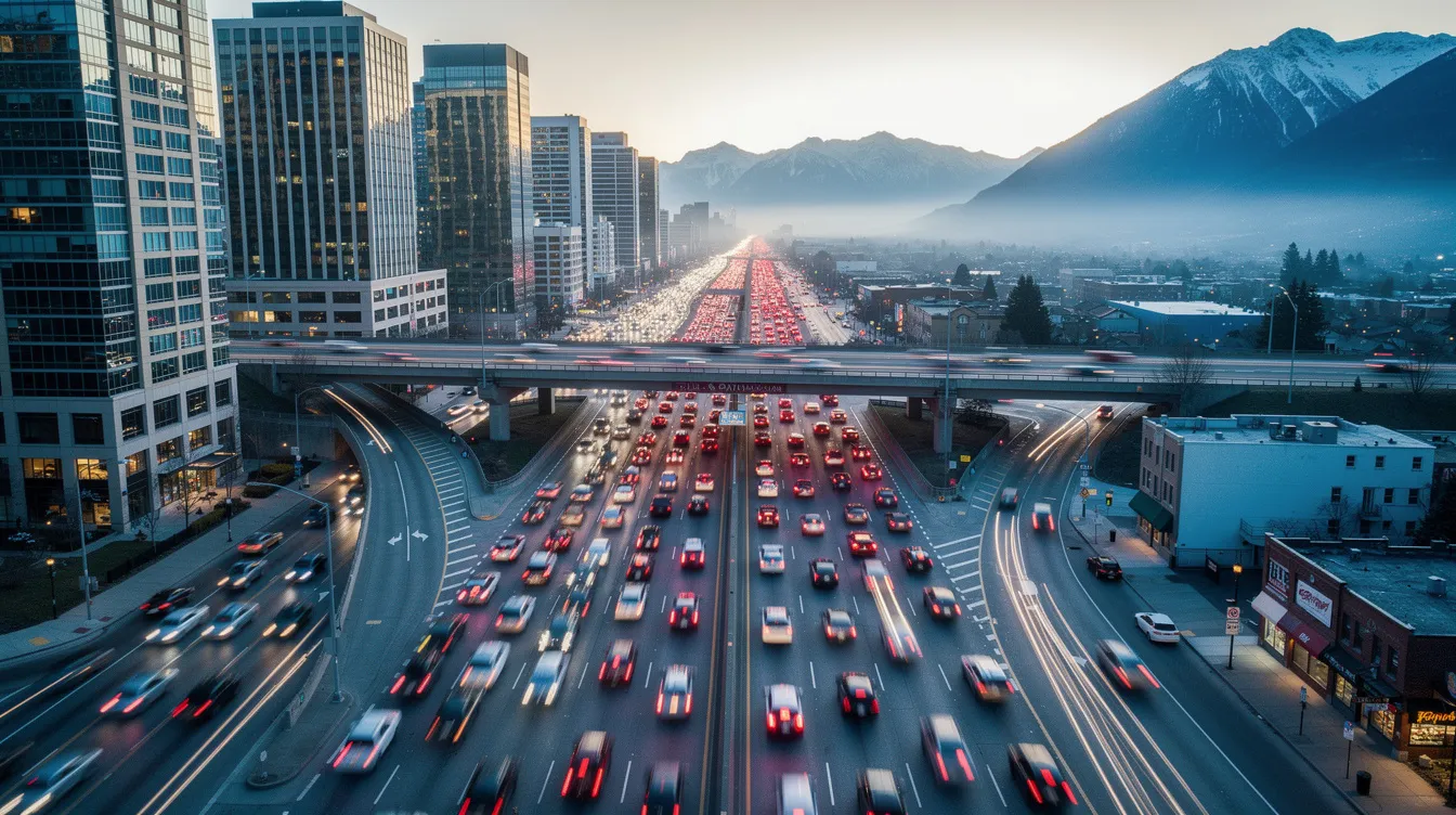 The image depicts a busy multi-lane highway filled with cars during rush hour, set against a backdrop of urban mountains, highlighting the bustling traffic typical of Colorado Springs. This scene may evoke thoughts of personal injury cases related to motor vehicle accidents, where experienced personal injury attorneys help victims navigate the legal process for fair compensation.