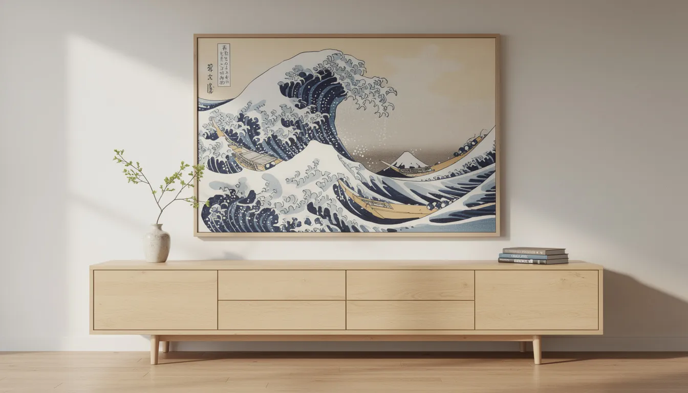Ein gerahmter japanischer Wellenprint, inspiriert von traditioneller japanischer Kunst, hängt über einem modernen Holzsideboard und zeigt die Schönheit von Natur und Kultur. Dieses Kunstwerk erinnert an Hokusai