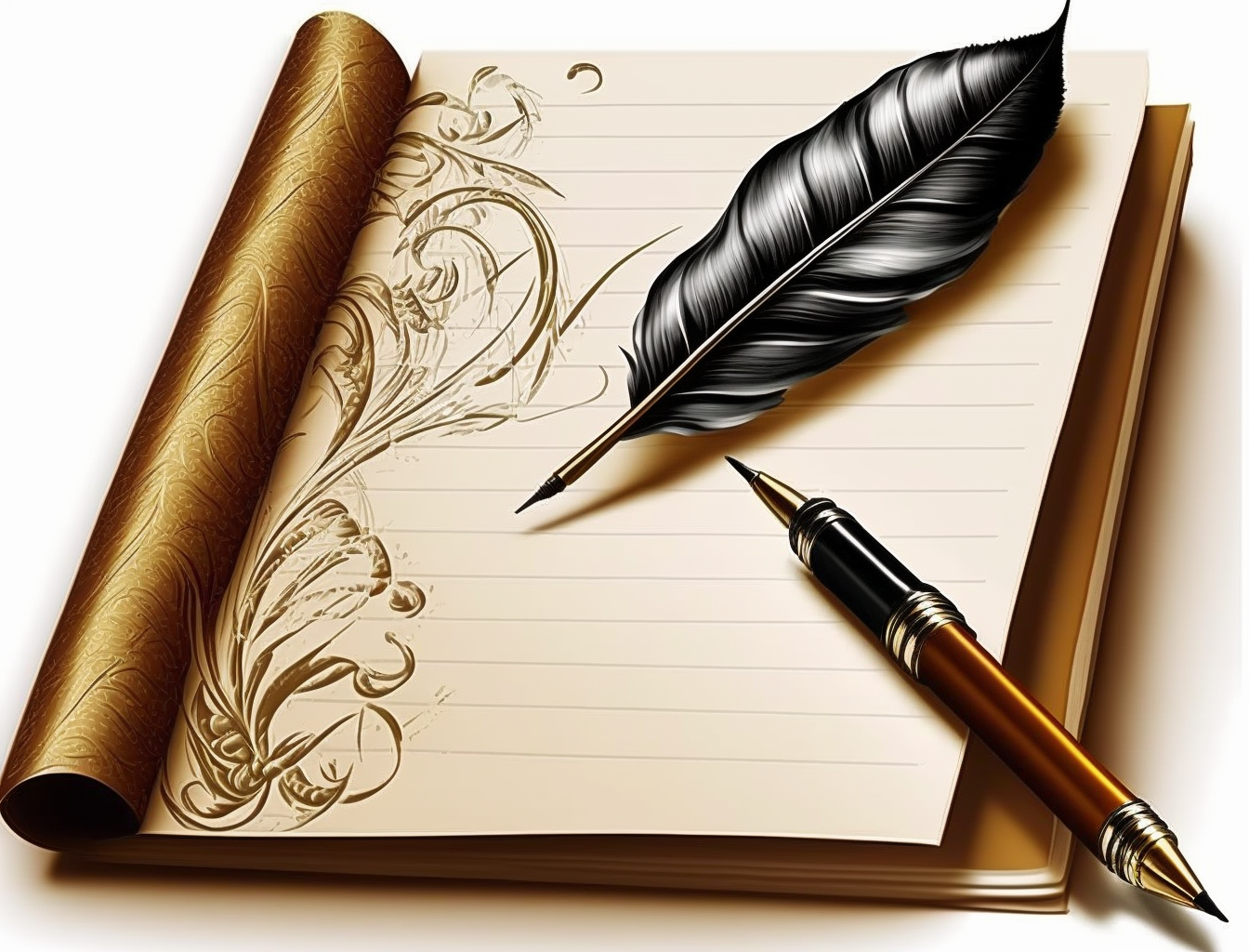 Pad of paper with a pen and a quill