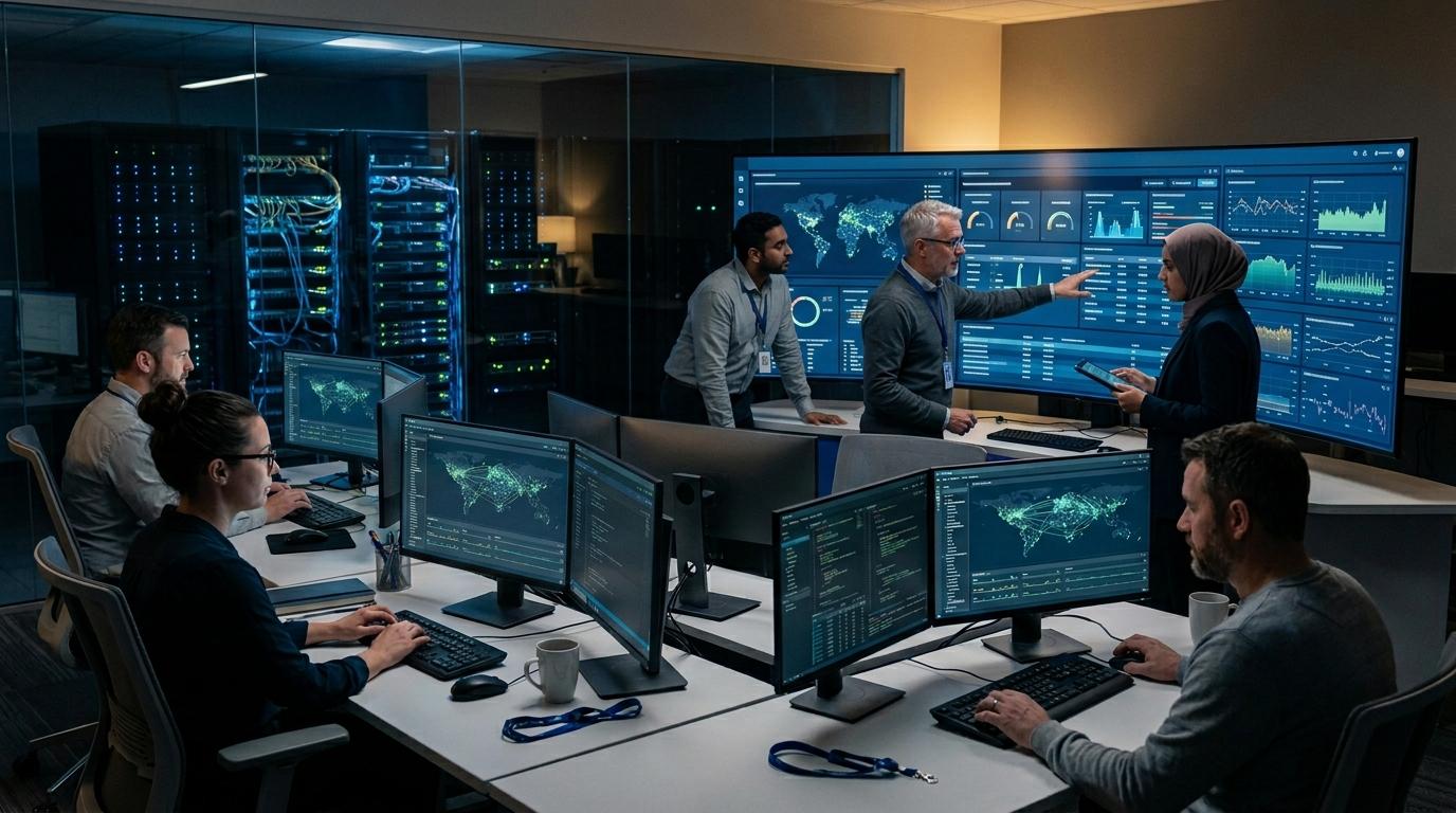 Photorealistic technology workspace with remote users instantly accessing virtual desktops through browsers while enterprise engineers oversee migrated legacy environments and cloud infrastructure.