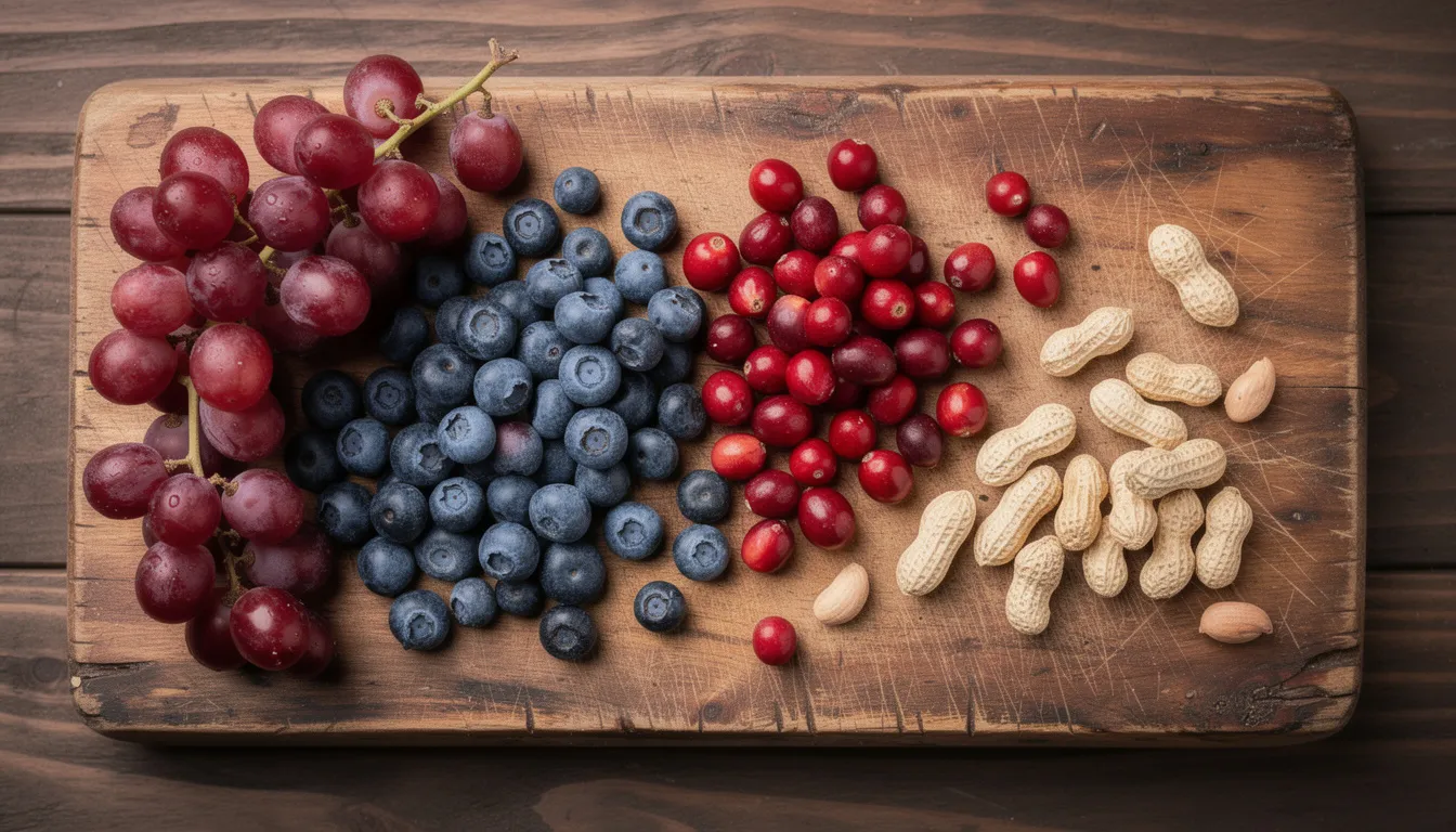An assortment of foods rich in polyphenols, including red grapes, blueberries, cranberries, and raw peanuts, is beautifully arranged on a rustic wooden cutting board. These foods are known for their potential health benefits, including effects on cardiovascular disease and insulin sensitivity, making them a great addition to a balanced diet.