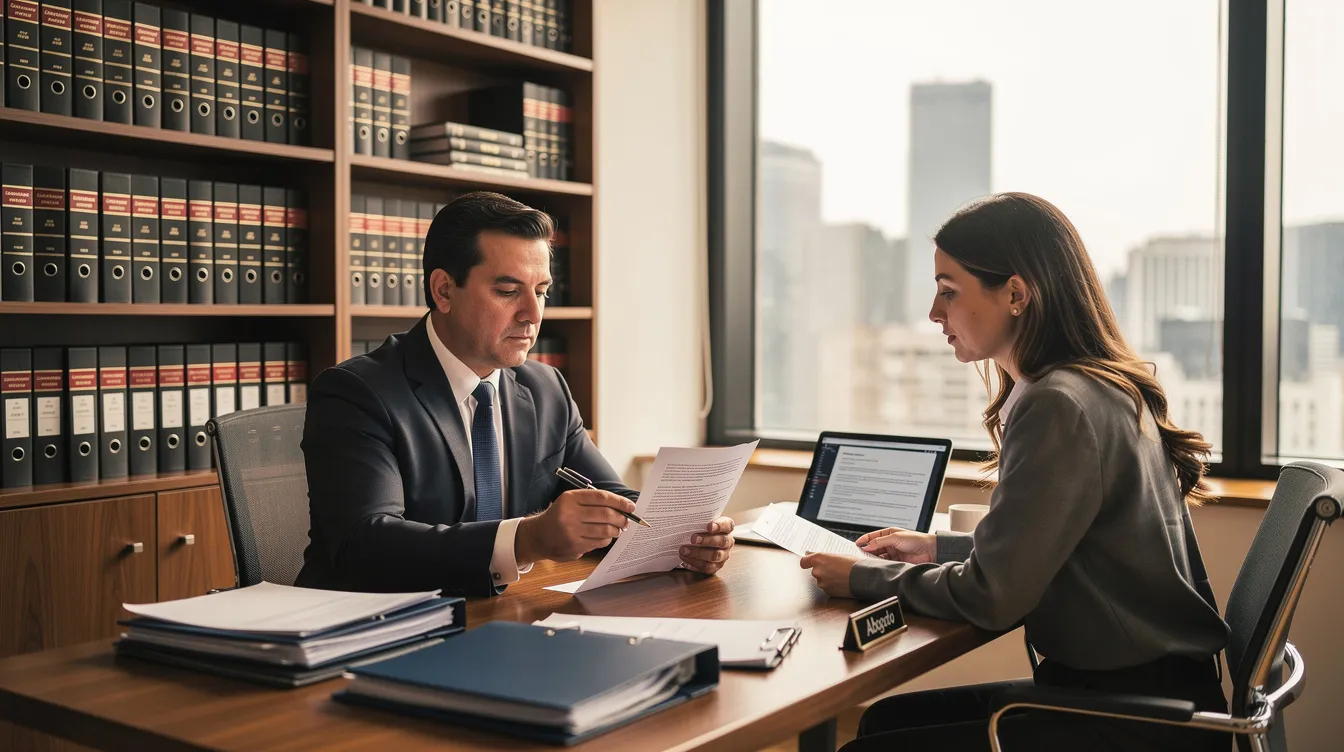 An attorney is reviewing legal documents with a client in an office setting, focusing on issues related to construction accidents. This consultation emphasizes the importance of understanding rights and responsibilities after an accident in the construction industry, particularly in Houston.