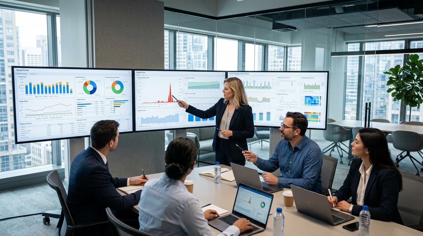 Business executives and IT managers reviewing cloud infrastructure costs on multiple monitors while analyzing virtual desktop deployments in a modern office, photorealistic.