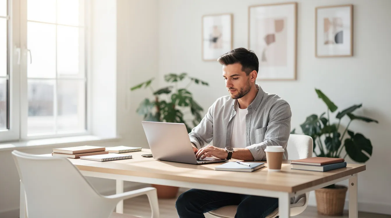 Een ondernemer zit aan een bureau met een laptop in een lichte en georganiseerde werkruimte, waar hij zich richt op het opstellen van groeiplannen en het nemen van slimme keuzes voor zijn bedrijf. Deze omgeving stimuleert innovatie en het realiseren van heldere doelen voor duurzame groei in 2026.