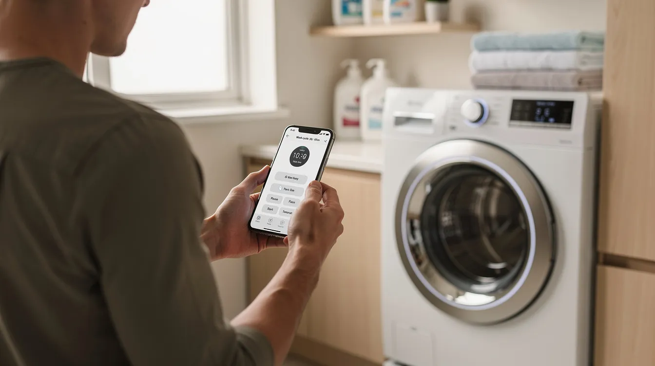 A person is using a smartphone to control a washing machine through a mobile app in a utility room, demonstrating the smart features of modern machines. The scene highlights the convenience of managing washing cycles and energy consumption from a mobile device, making it easier to wash clothes efficiently.