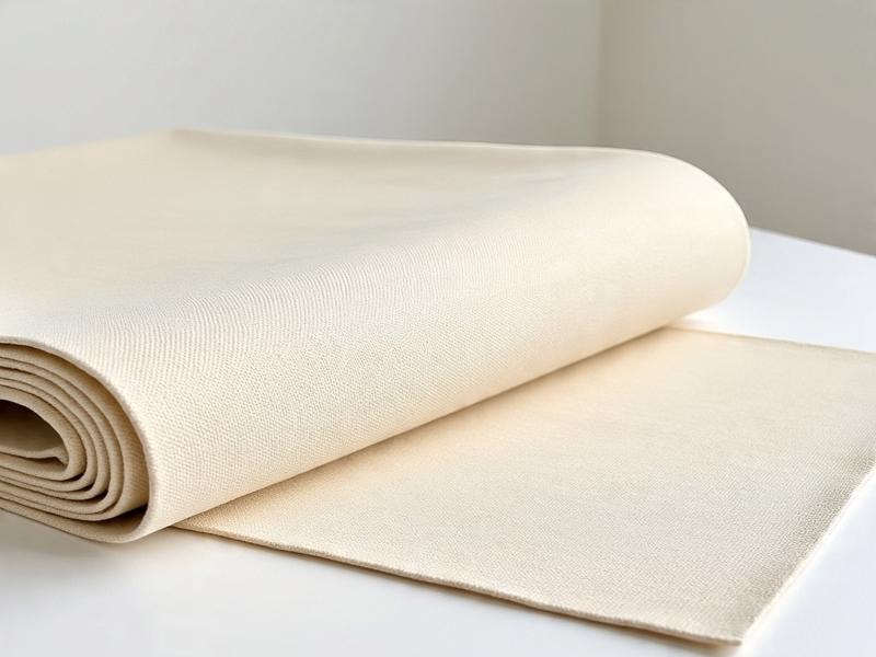 A close-up photo of a light beige fabric roll placed on a white surface. The fabric is neatly rolled on one end and spread out smoothly on the other, showing its soft texture and gentle folds. The background is simple and bright, making the fabric the main focus of the image.