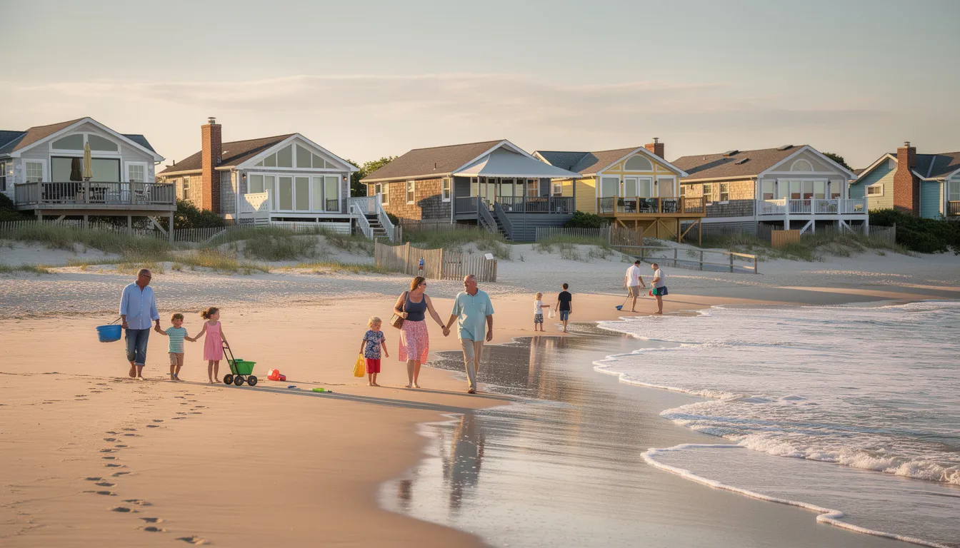The image depicts a lively beach scene with families strolling along the sandy shore, while coastal homes are visible in the background, showcasing the charm of waterfront property along the Connecticut shoreline. This vibrant lifestyle reflects the essence of coastal communities, where families can enjoy the beauty of their dream homes by the sea.