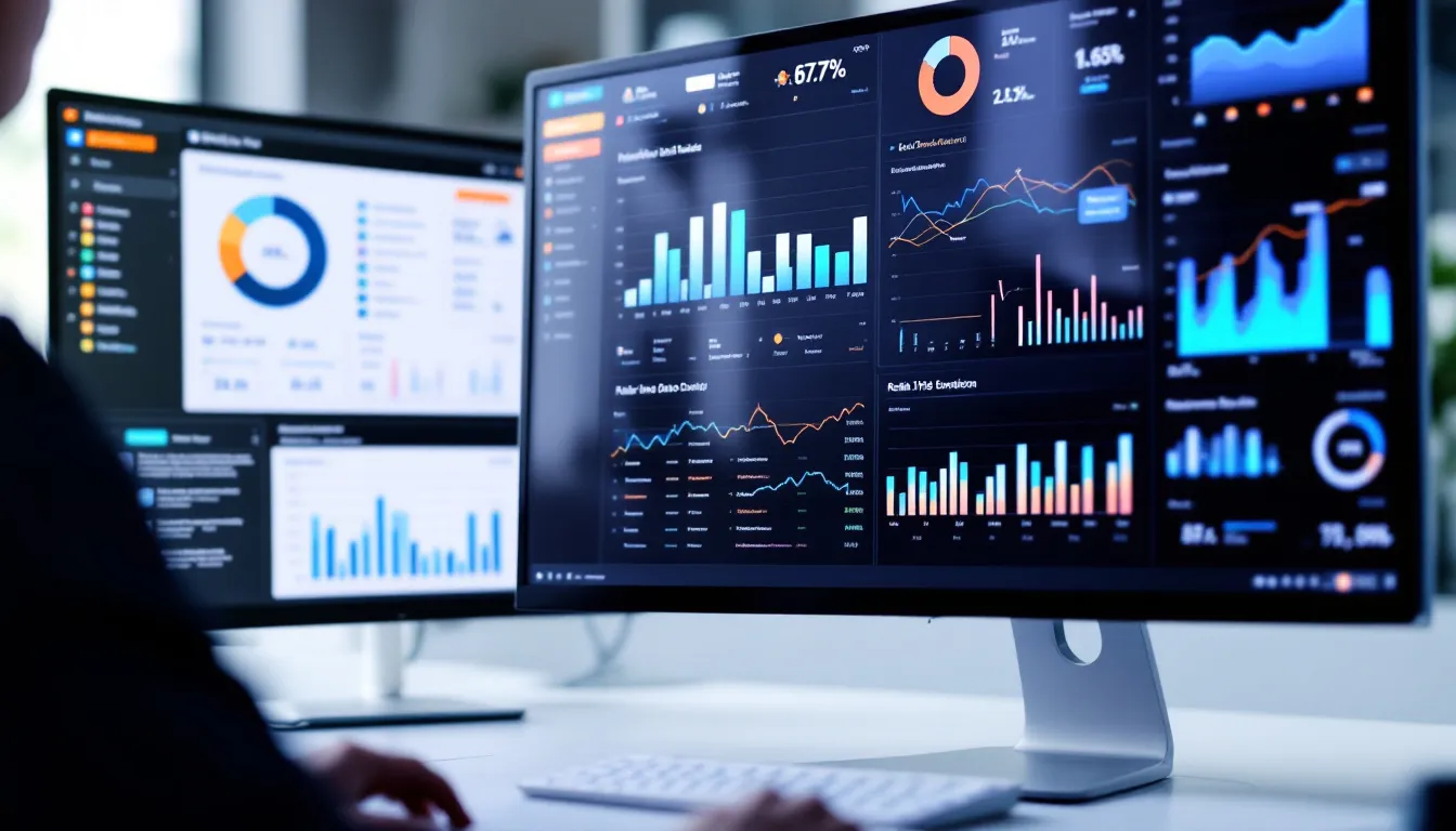 A data visualization dashboard is displayed on multiple computer screens, showcasing various charts and metrics that highlight business data analytics. This environment emphasizes data virtualization solutions, integrating different data sources for real-time analytics, and supporting developers in connecting to databases like SAP HANA and Oracle for improved data movement and transformation.