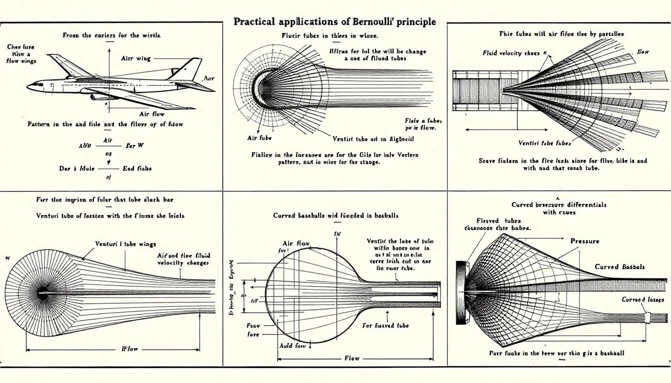 A visual representation of practical applications of Bernoulli's principle in various fields.