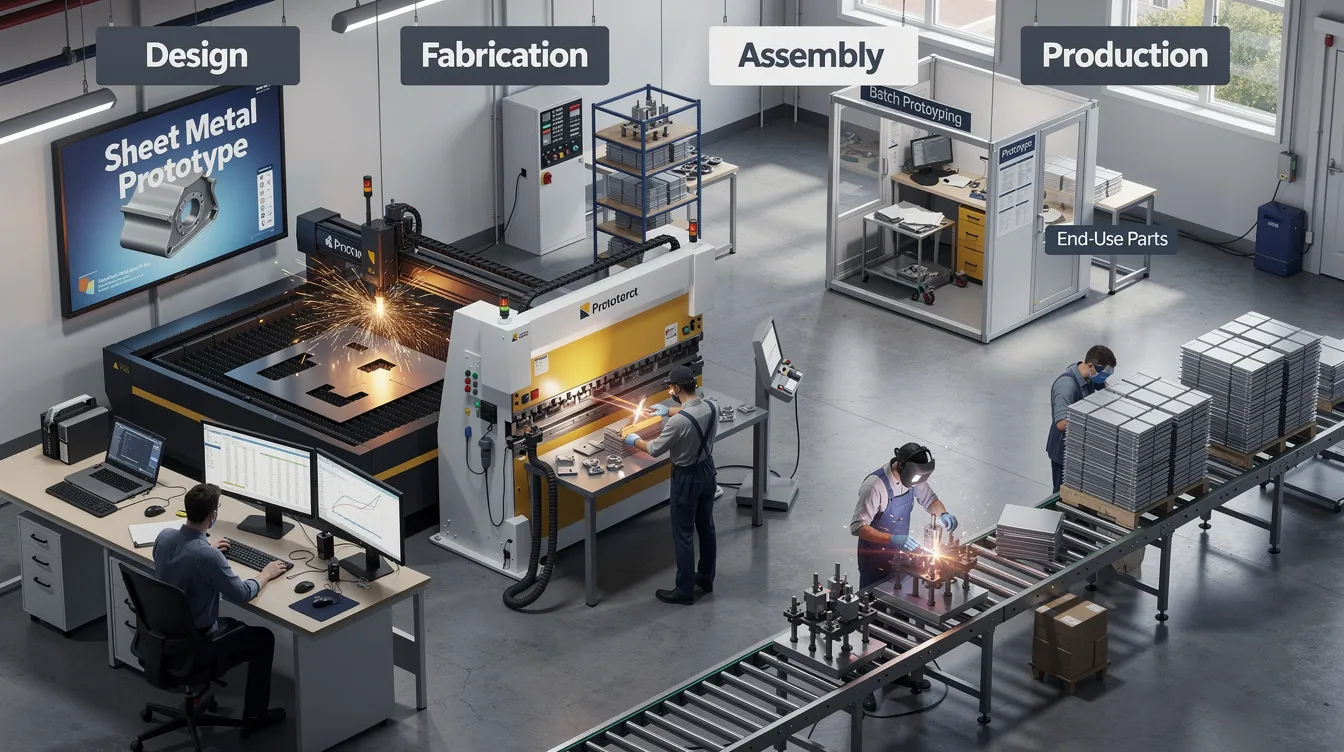 The image depicts a variety of sheet metal parts arranged on a workbench, showcasing different sheet metal fabrication processes such as laser cutting and bending. The scene highlights the precision and detail involved in creating custom sheet metal components for end-use production, emphasizing the importance of material selection and surface finishes in manufacturing efficiency.