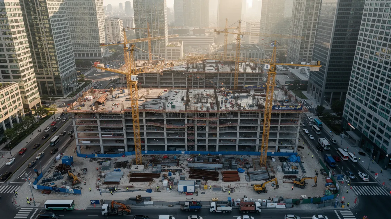 An aerial view of a large commercial construction site in a dense urban area showcases multiple cranes and partially completed concrete structures, highlighting the complex construction activities involved in project management. This bustling scene reflects the collaborative efforts of construction managers and teams as they navigate the construction process to ensure project success.