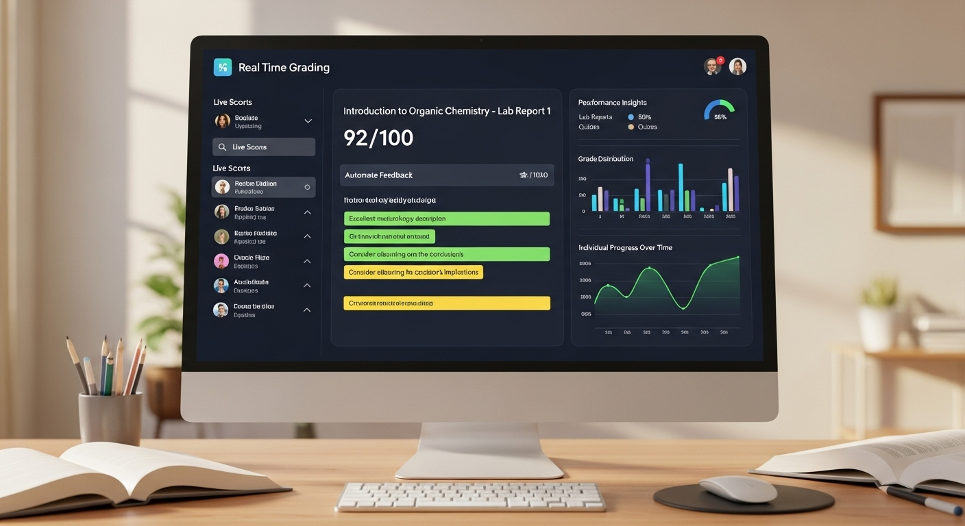 Real-time academic grading dashboard showing automated feedback and performance insights