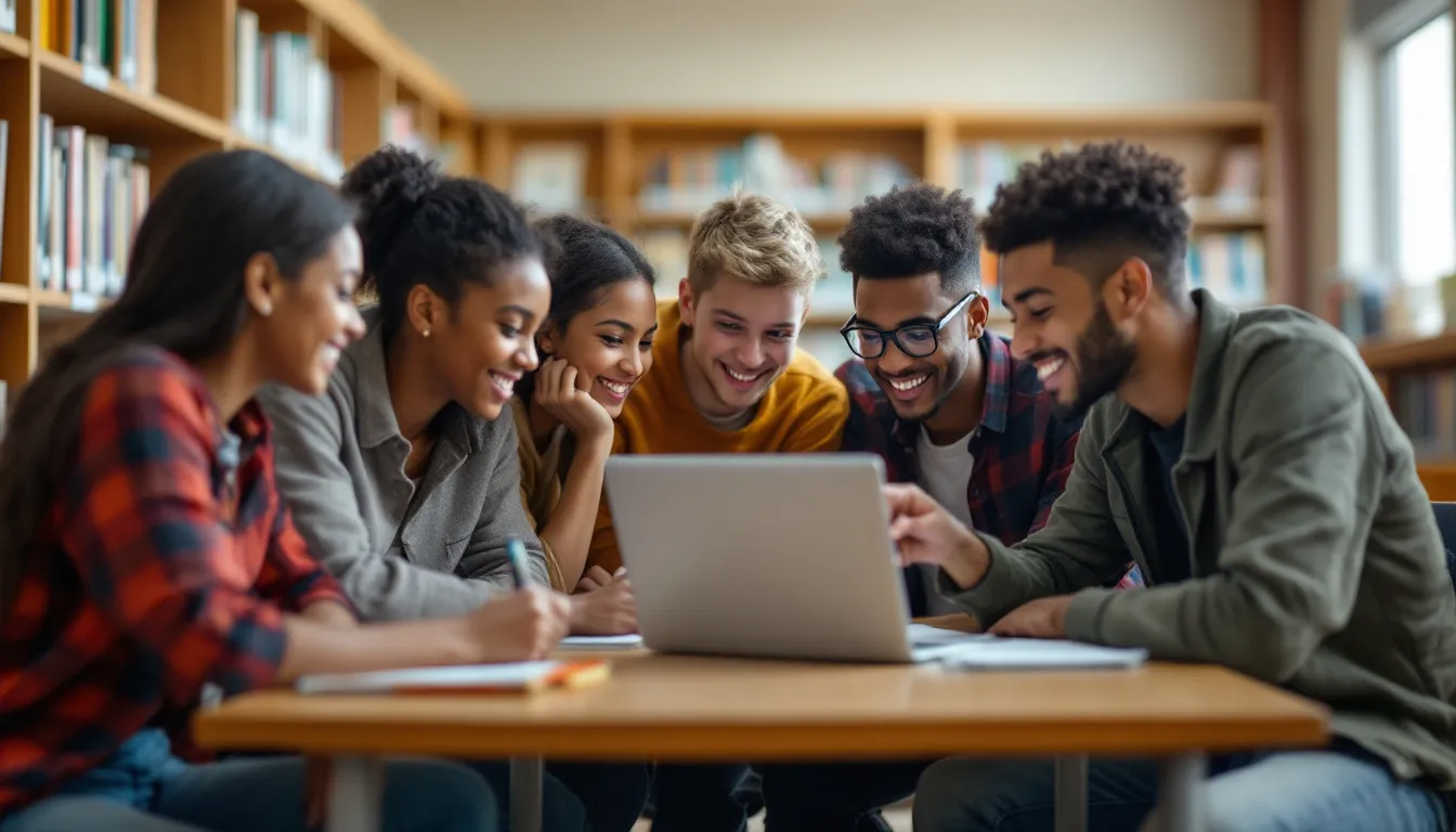 A group of students is collaborating around a computer in a school library, engaged in a project that may involve accessing educational resources online. The setting reflects a typical school environment, with shelves of books and study materials around them, highlighting the importance of teamwork and the use of technology in education.