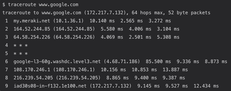 Running a traceroute test in Linux.
