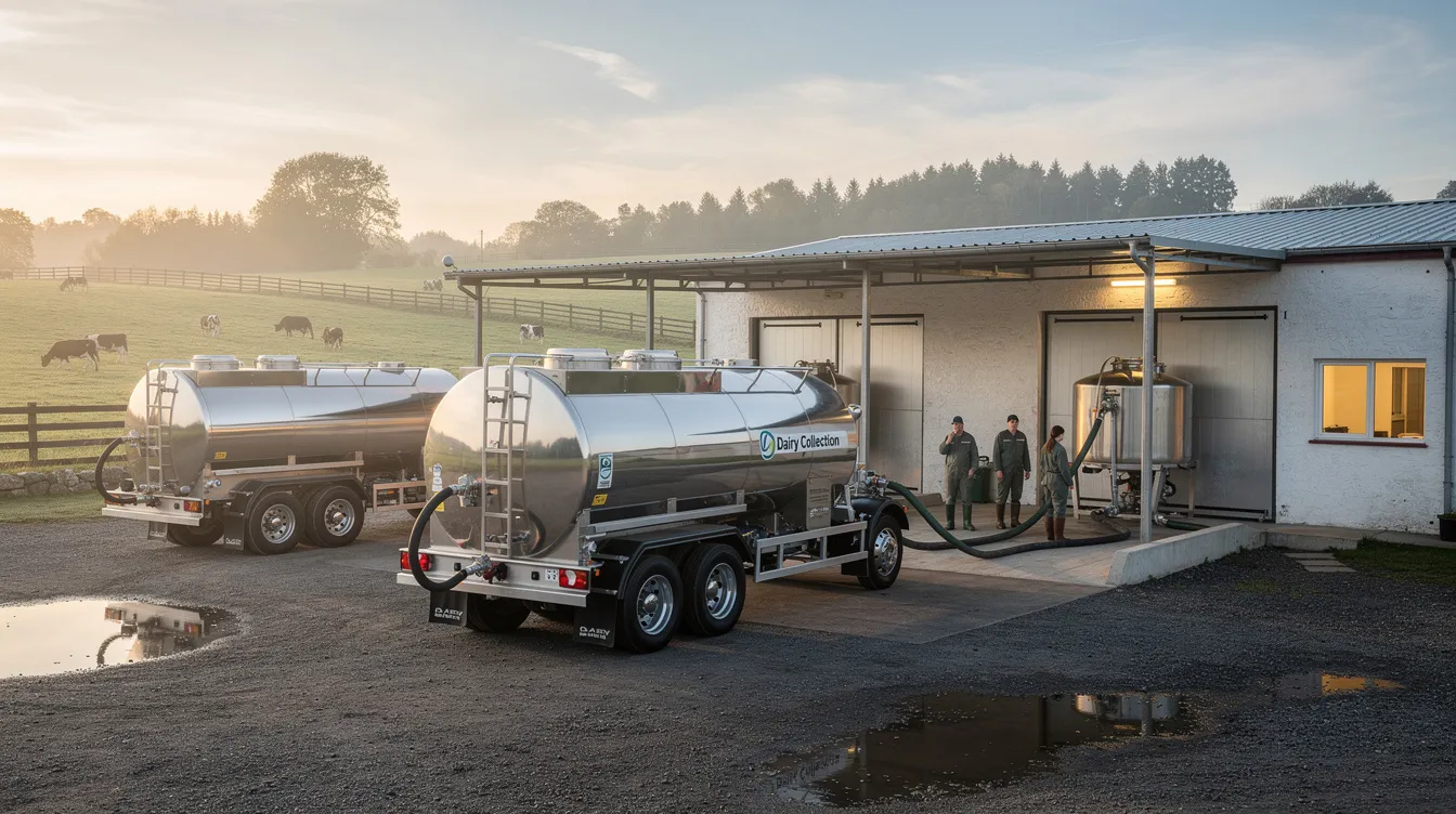 The image shows several milk collection tanker trucks parked at a rural dairy collection center, ready to transport fresh milk, which is a key raw material for the ghee manufacturing process. This setting highlights the importance of dairy cooperatives in the supply chain of the ghee manufacturing industry.