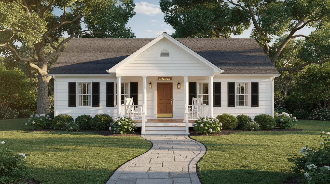 A picturesque New England single-family home features white clapboard siding, black shutters, and a stone walkway leading to a covered front porch, all surrounded by mature oak trees and a well-maintained lawn, embodying the charm of Connecticut living. This inviting residence is perfect for families seeking a serene environment while managing their work-life balance.
