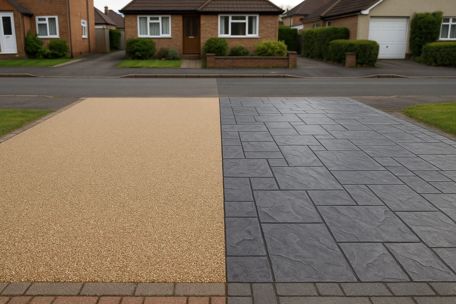 Comparison of block paving next to a stamped concrete driveway on the same property.