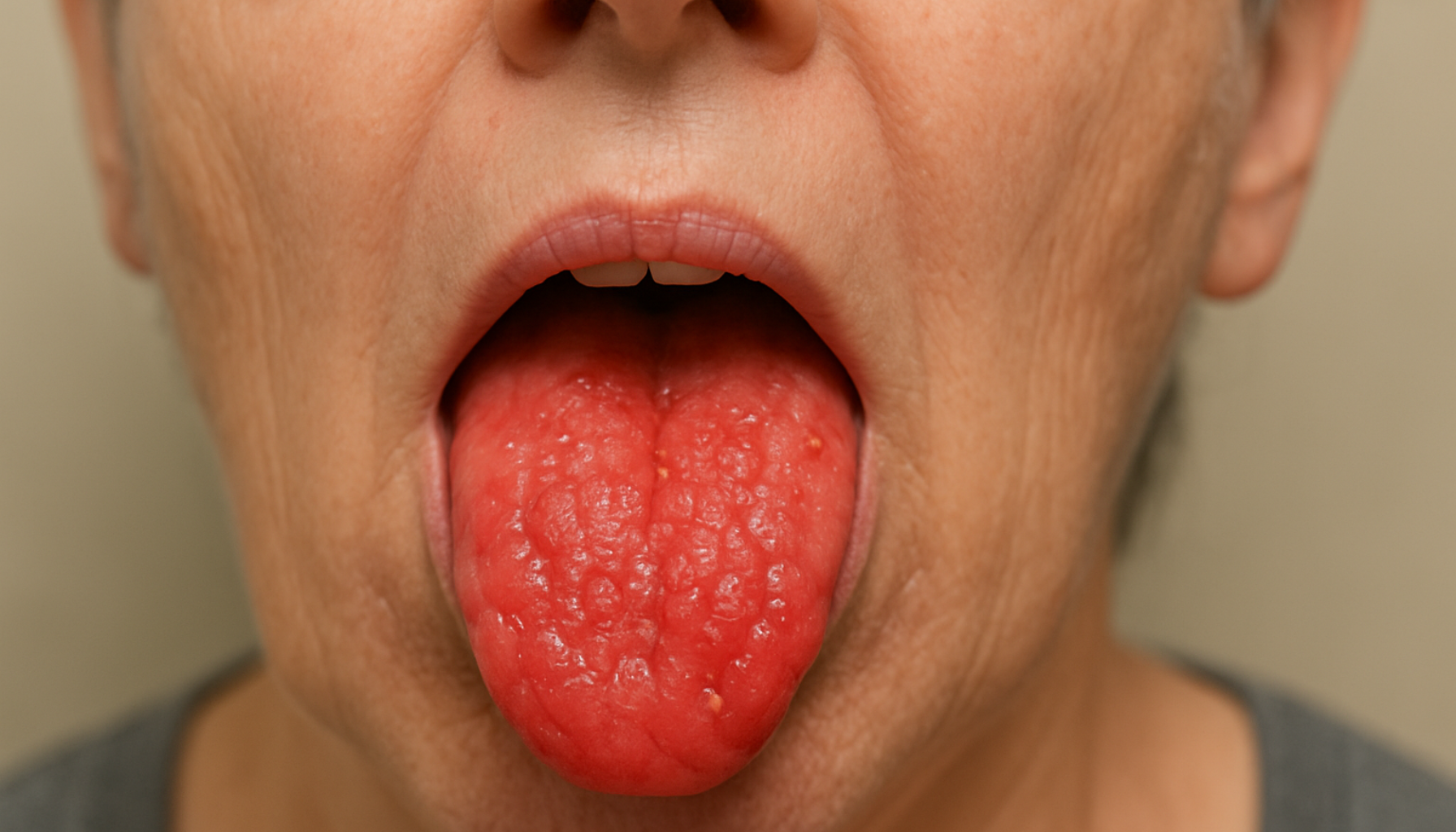 Glossitt – Når tungen blir betent og smertefull 16 Nærbilde av betent og smertefull tunge med tydelige tegn på glossitt hos en middelaldrende person.