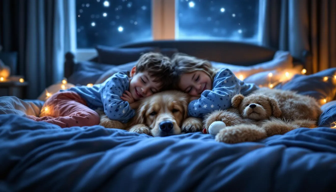 A happy family dog is snuggled comfortably between two children on a large bed, with its legs stretched forward in a relaxed sleeping position. The furry friend appears content, showcasing the common dog sleeping habits of cuddling close to its human companions.