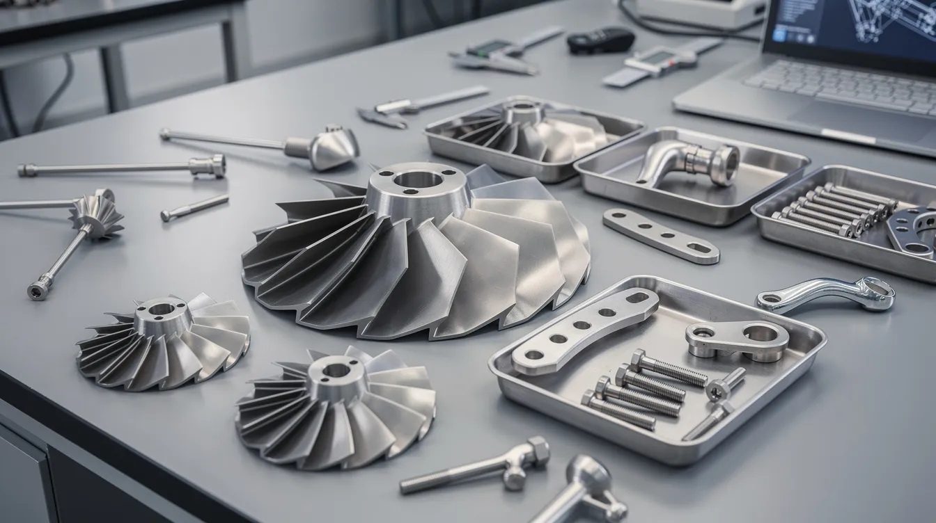 The image shows aerospace turbine blades and medical implant components meticulously arranged on an inspection table, highlighting the importance of precision machining and tight tolerance machining in both aerospace and medical device manufacturing. The components exhibit critical dimensions and geometric dimensioning, ensuring quality control and dimensional accuracy essential for their respective applications.