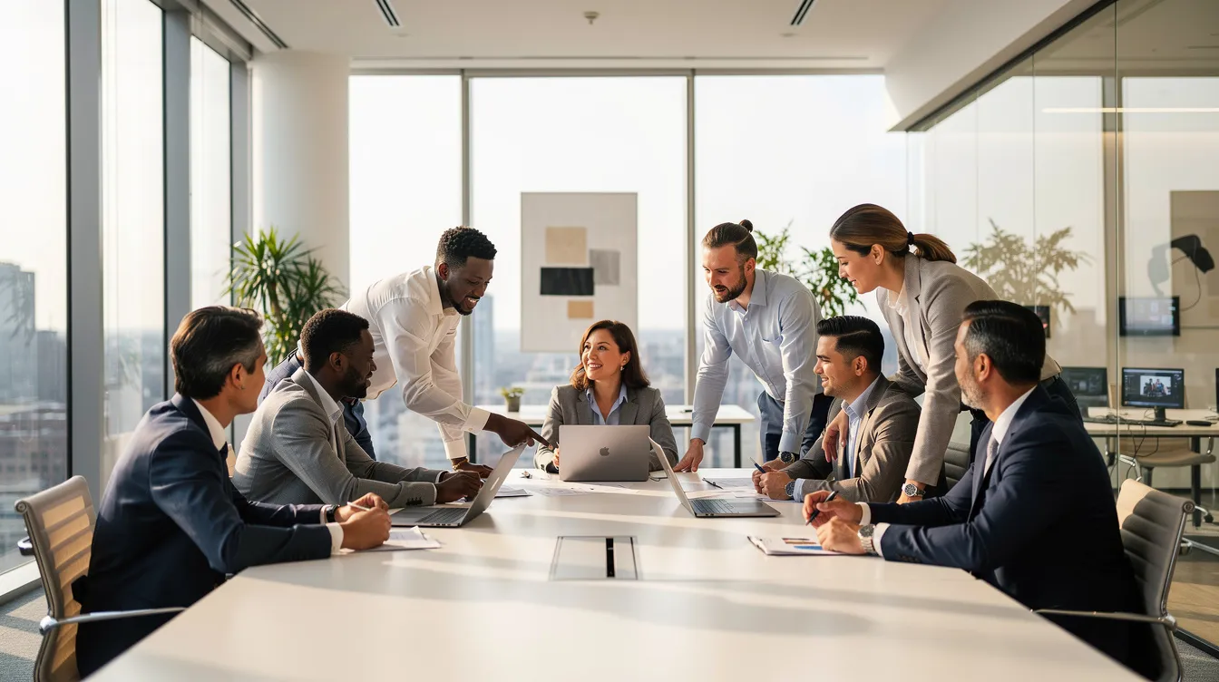 The image shows a diverse team of white-collar workers collaborating around a modern conference table in a bright office, reflecting the changing job market as artificial intelligence tools increasingly influence roles in industries like software engineering and customer service. This scene illustrates the human interaction and teamwork necessary to navigate the AI age, where new jobs are being created even as others become automated.