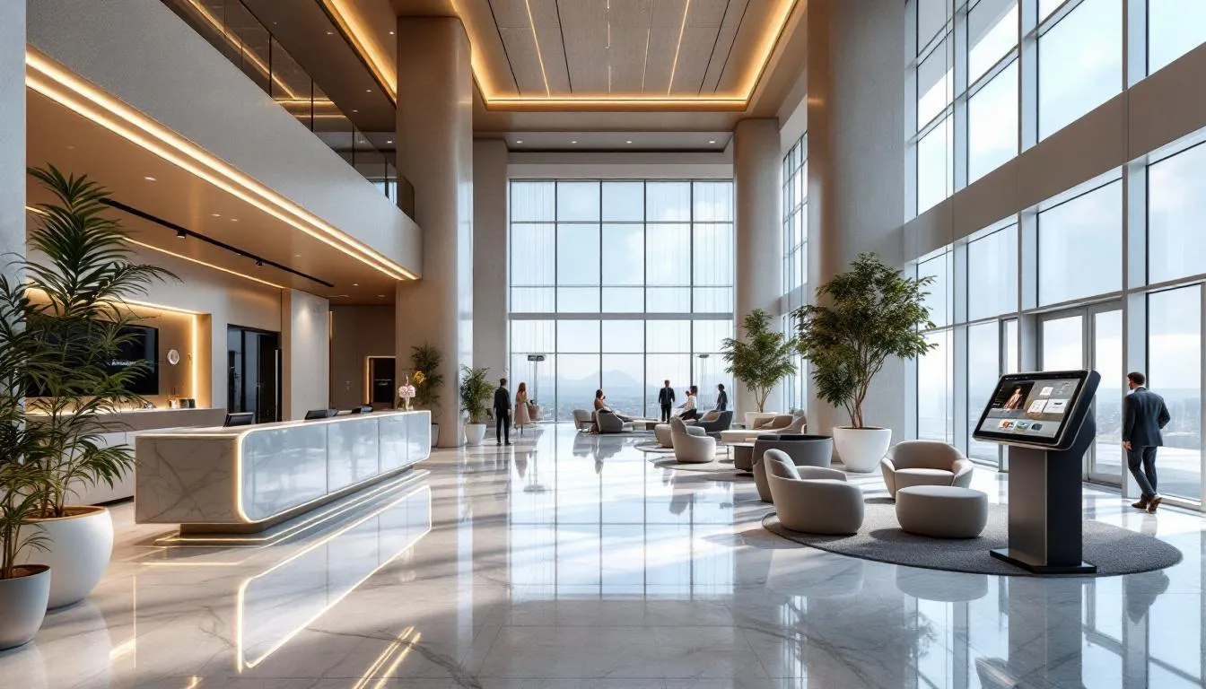 The image depicts a luxurious hotel lobby featuring sleek, modern design elements and advanced technology integration, including integrated payment terminals and mobile devices for guest communication. This boutique hotel environment highlights the use of a property management system, showcasing essential tools for managing reservations and financial transactions seamlessly.