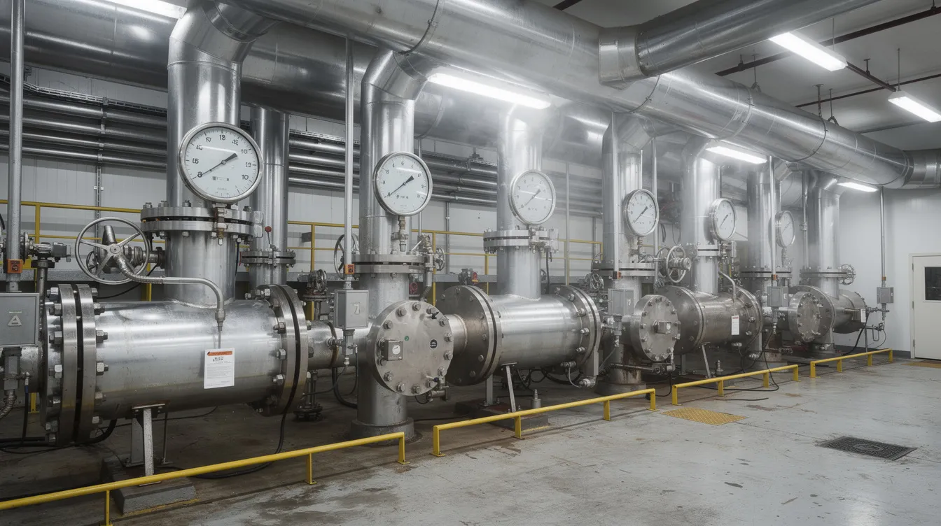 The image depicts an industrial boiler room featuring insulated pipes, pressure gauges, and steam distribution headers, essential for the ghee manufacturing process. This setup is crucial for maintaining controlled heating and efficient steam distribution in a ghee processing plant.