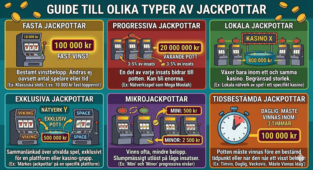 Guide till olika typer av jackpottar i casino slots, inklusive progressiva jackpottar, fasta jackpottar, lokala jackpottar och mikrojackpottar där spelares insatser bygger upp potten och ger chans att vinna stora belopp och miljontals kronor online.