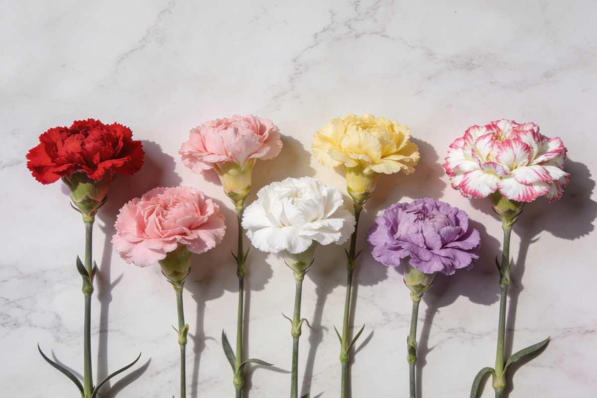 Six carnations in different colours arranged on a marble surface — red, pink, white, yellow, purple, and bi-colour