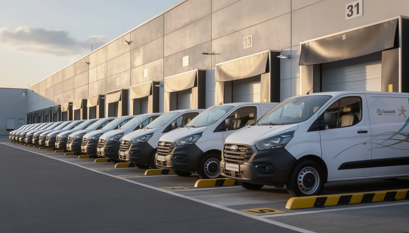 A fleet of commercial delivery vans is parked in a row at a warehouse loading dock, ready for dispatch. These vehicles, essential for efficient logistics, could benefit from GPS fleet tracking devices to ensure reliable tracking and location updates during their routes.