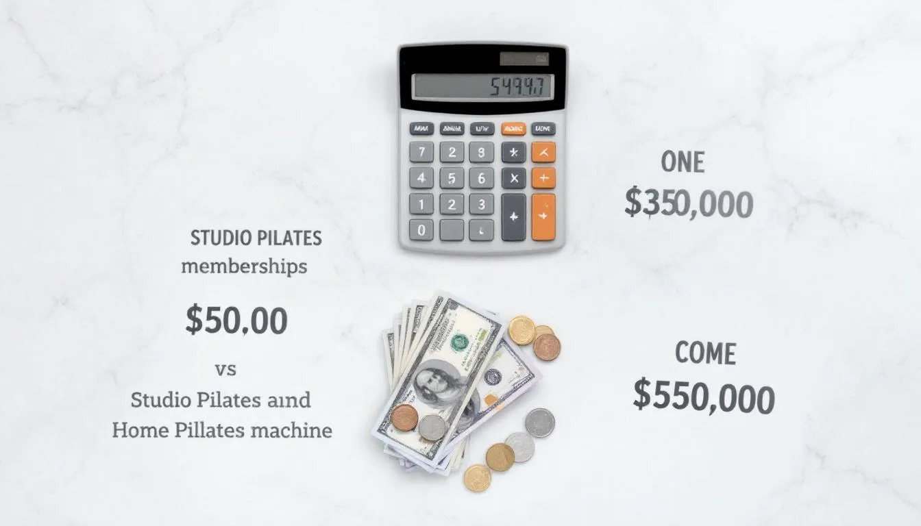 The image depicts a calculator alongside stacks of money, illustrating a cost comparison between studio memberships and investing in a home Pilates reformer machine. This visual emphasizes the financial benefits of at-home workouts using Pilates equipment for achieving fitness goals in limited space.