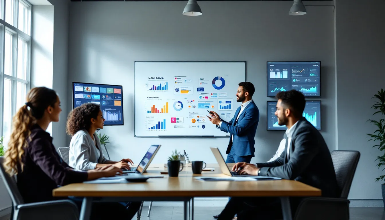 The image depicts a diverse group of professionals collaborating on a project focused on modern social media marketing solutions. They are discussing strategies for social media management and advertising, emphasizing the importance of understanding target audiences and crafting effective social media campaigns to boost engagement and deliver measurable results.