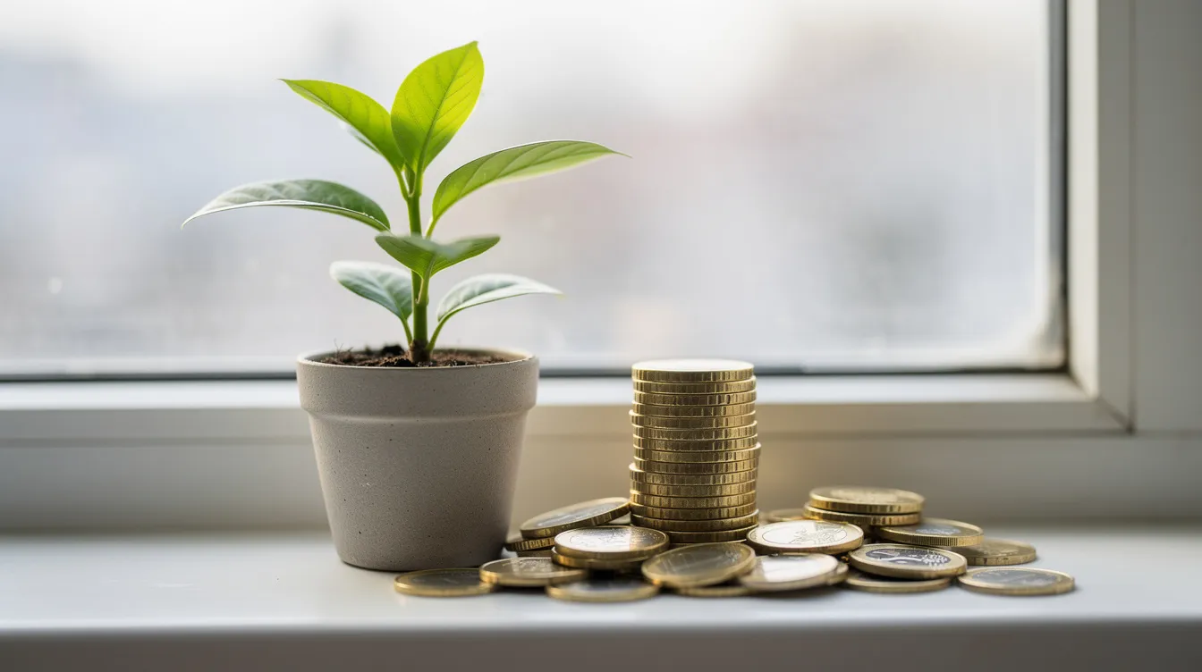 Een jonge plant staat naast een stapel munten op een vensterbank, terwijl zacht daglicht door het raam valt. De combinatie van de groeiende plant en de munten symboliseert de verbinding tussen natuur en financiën, wat een reflectie kan zijn van de sociale en economische thema's die politiekers zoals Jesse Klaver aanspreken.