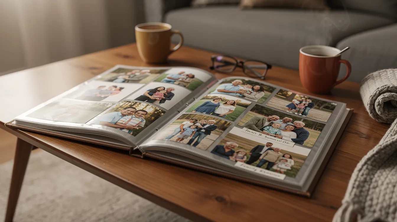 An open photo album rests on a coffee table, displaying cherished family photographs that capture special moments and favorite memories. This heartfelt collection serves as a perfect gift for moms, celebrating love and appreciation in a personalized way.