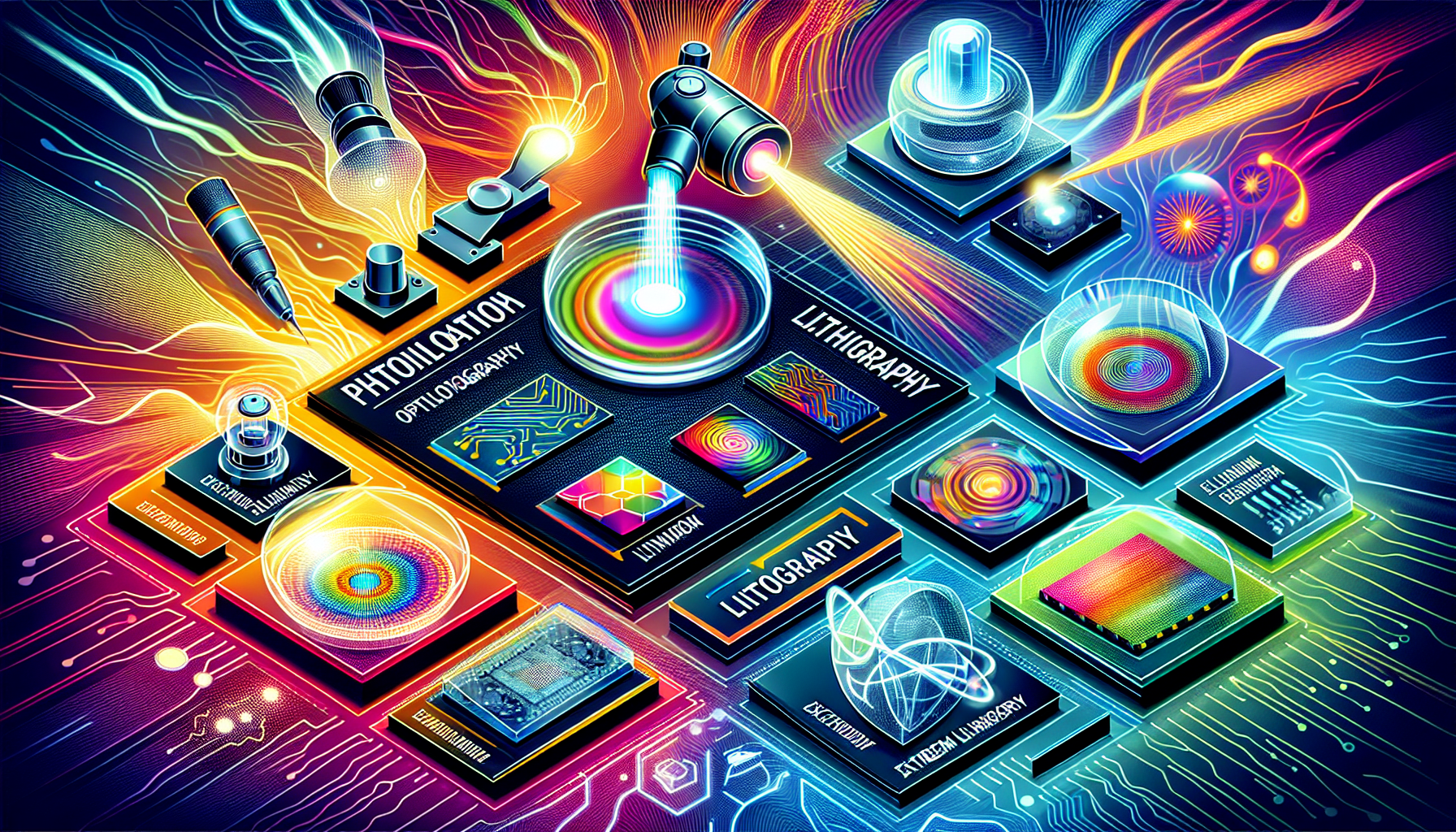 An illustration depicting various photolithography techniques including optical and electron beam lithography.