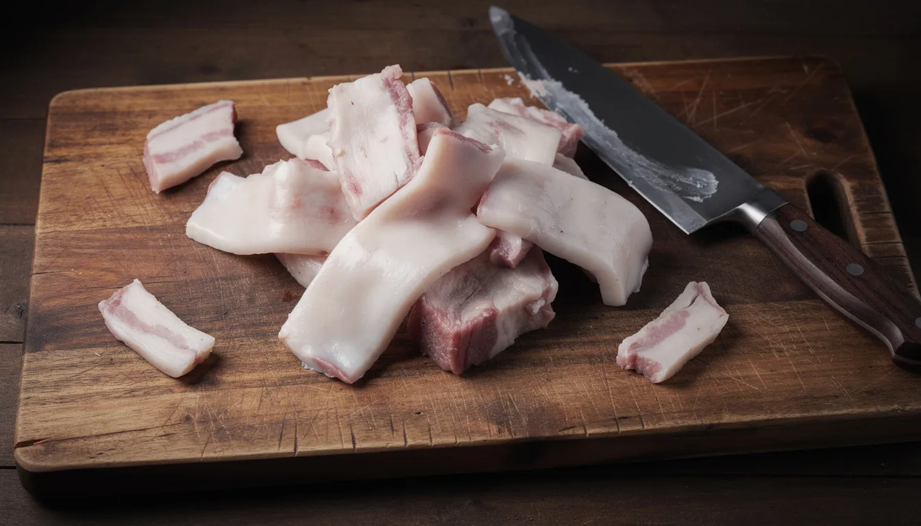 The image shows raw beef suet resting on a wooden cutting board alongside a knife, ready for the rendering process to create pure beef tallow. This beef fat can be melted down to produce liquid tallow, which is known for its high smoke point and health benefits.