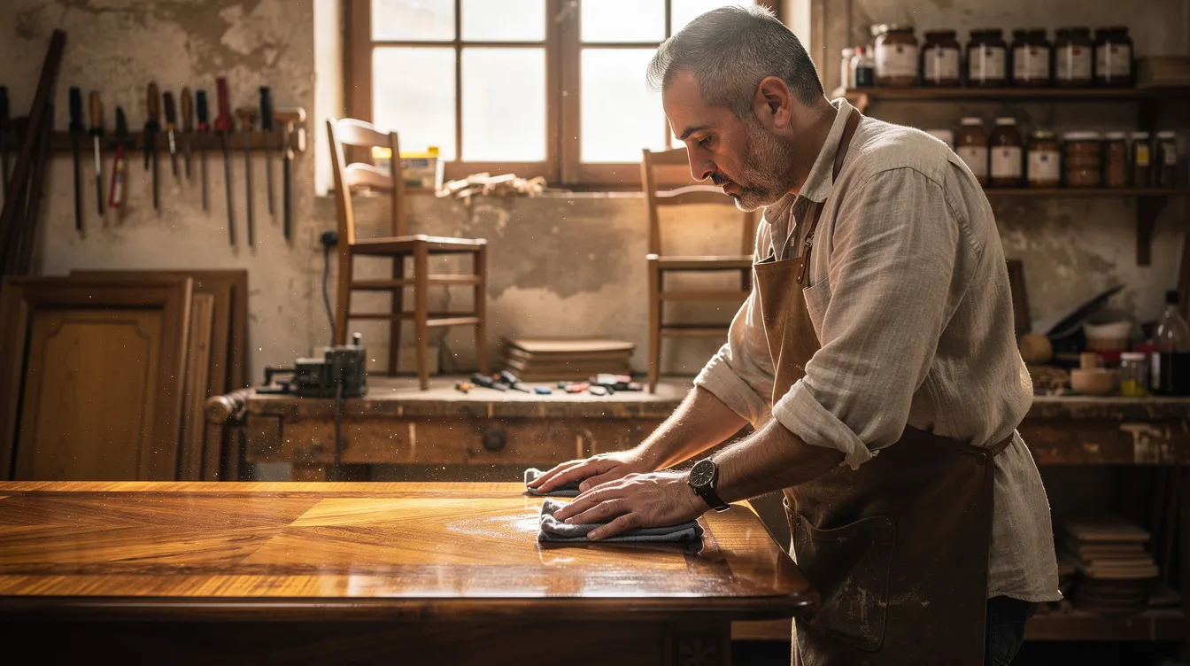 En hantverkare polerar en träyta i en italiensk möbelverkstad, omgiven av eleganta möbler som stolar och bord, vilket visar på den moderna designen och hantverket "made in Italy". Verkstaden är fylld med produkter som representerar italiensk inredning och kvalitet.