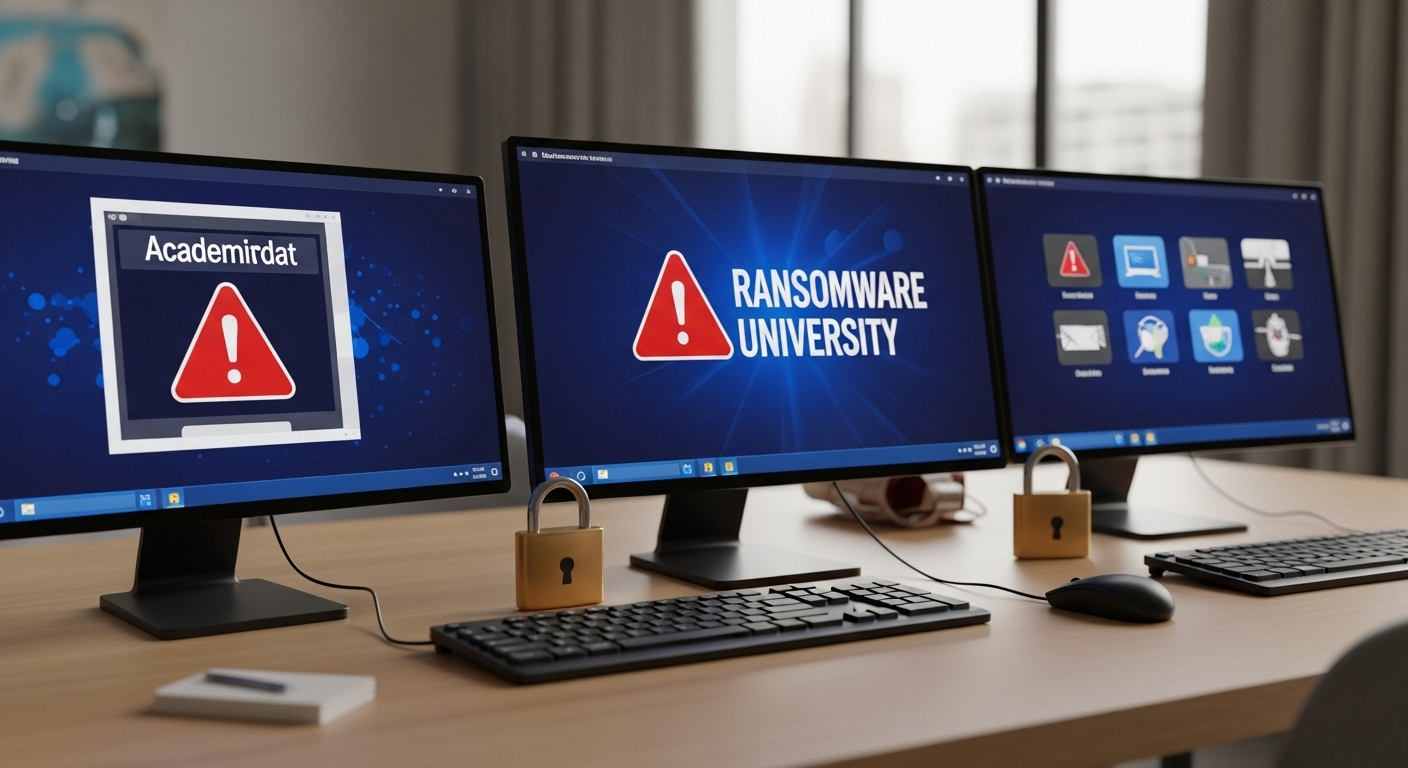 Ransomware attack locking university systems with warning screens and inaccessible academic data.
