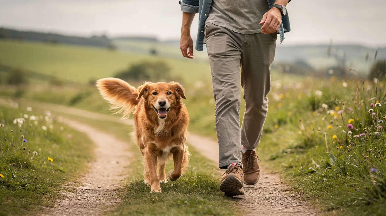 A happy dog walks alongside its owner on a countryside path, enjoying the mild day. This scene highlights the bond between humans and dogs, reminding us of the importance of joint health and the potential impact of conditions like elbow dysplasia on canine companions.