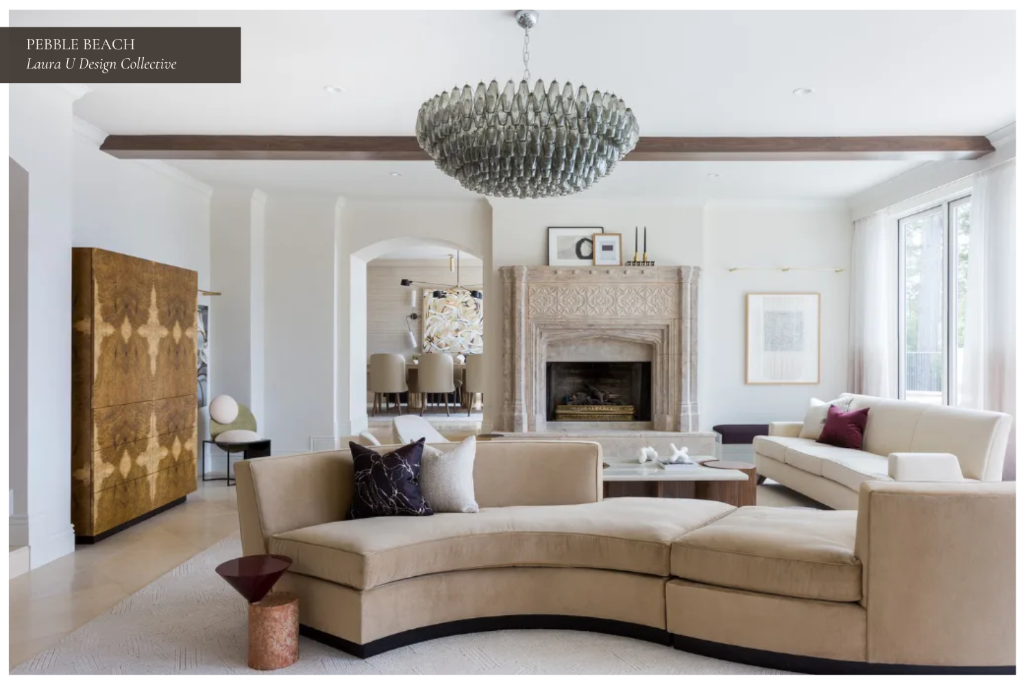 a transitional living room with beige furnishings